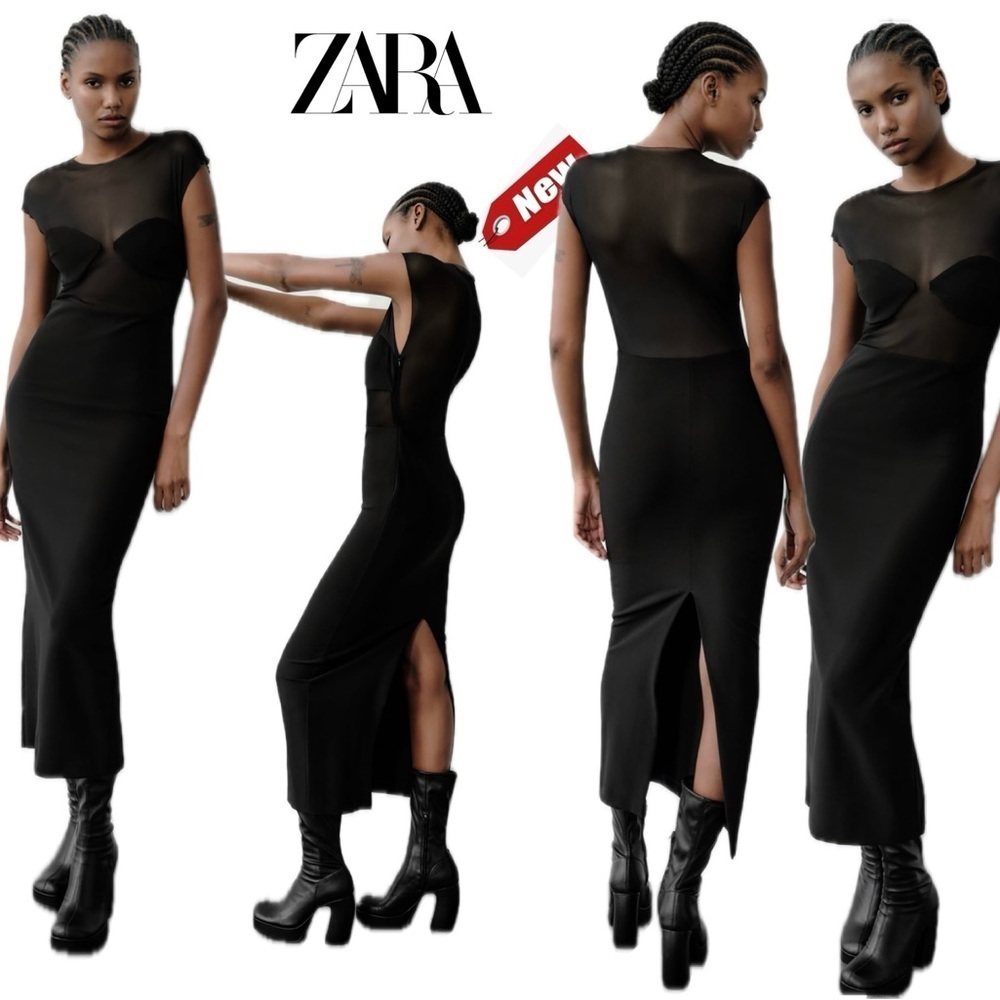 Zara black mesh tulle short sleeveless round neck midi bodycon dress sheer NWT